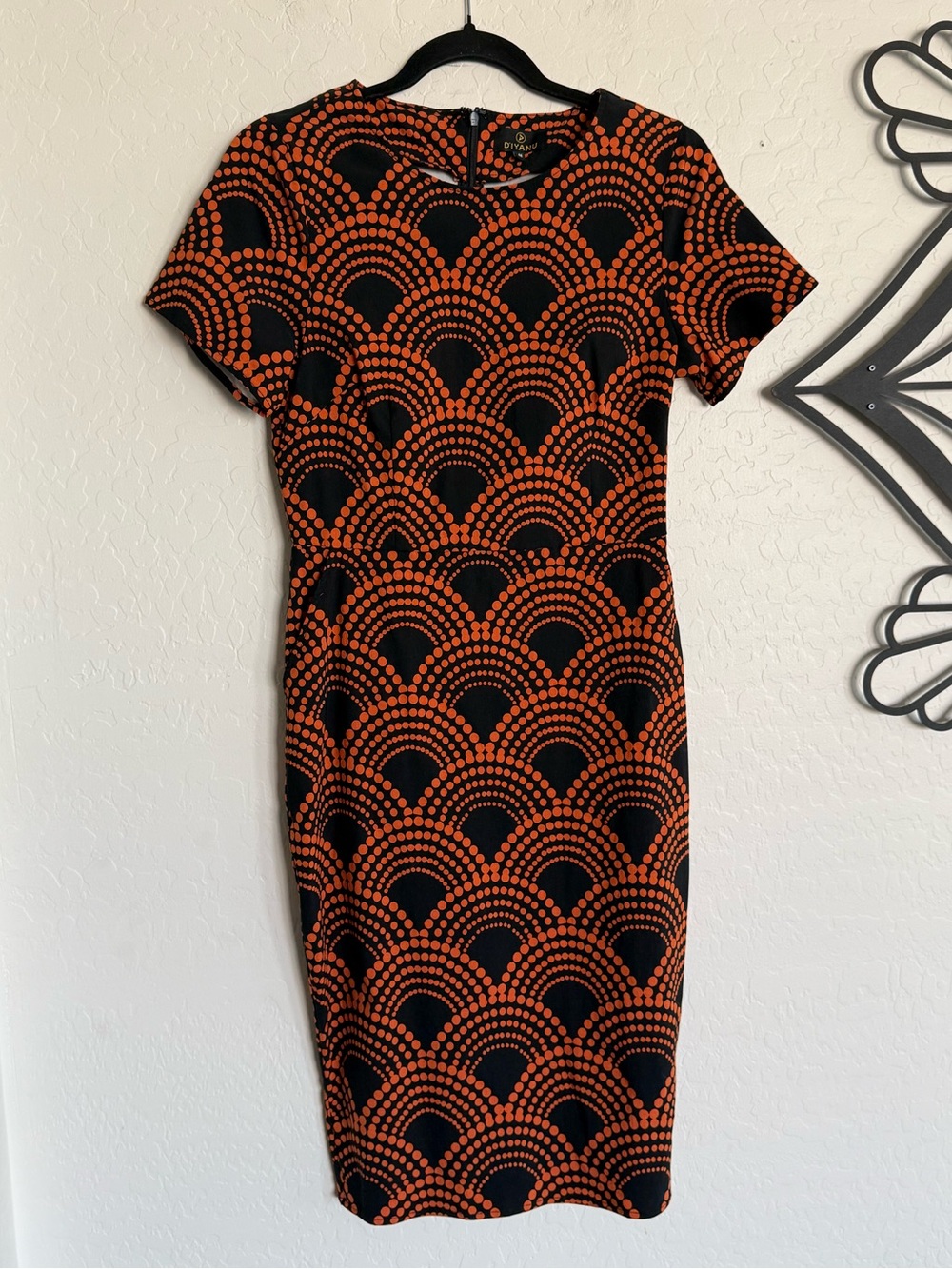 D'IYANU Sabella African Print Stretch Midi Dress Black Amber Dots Medium EUC